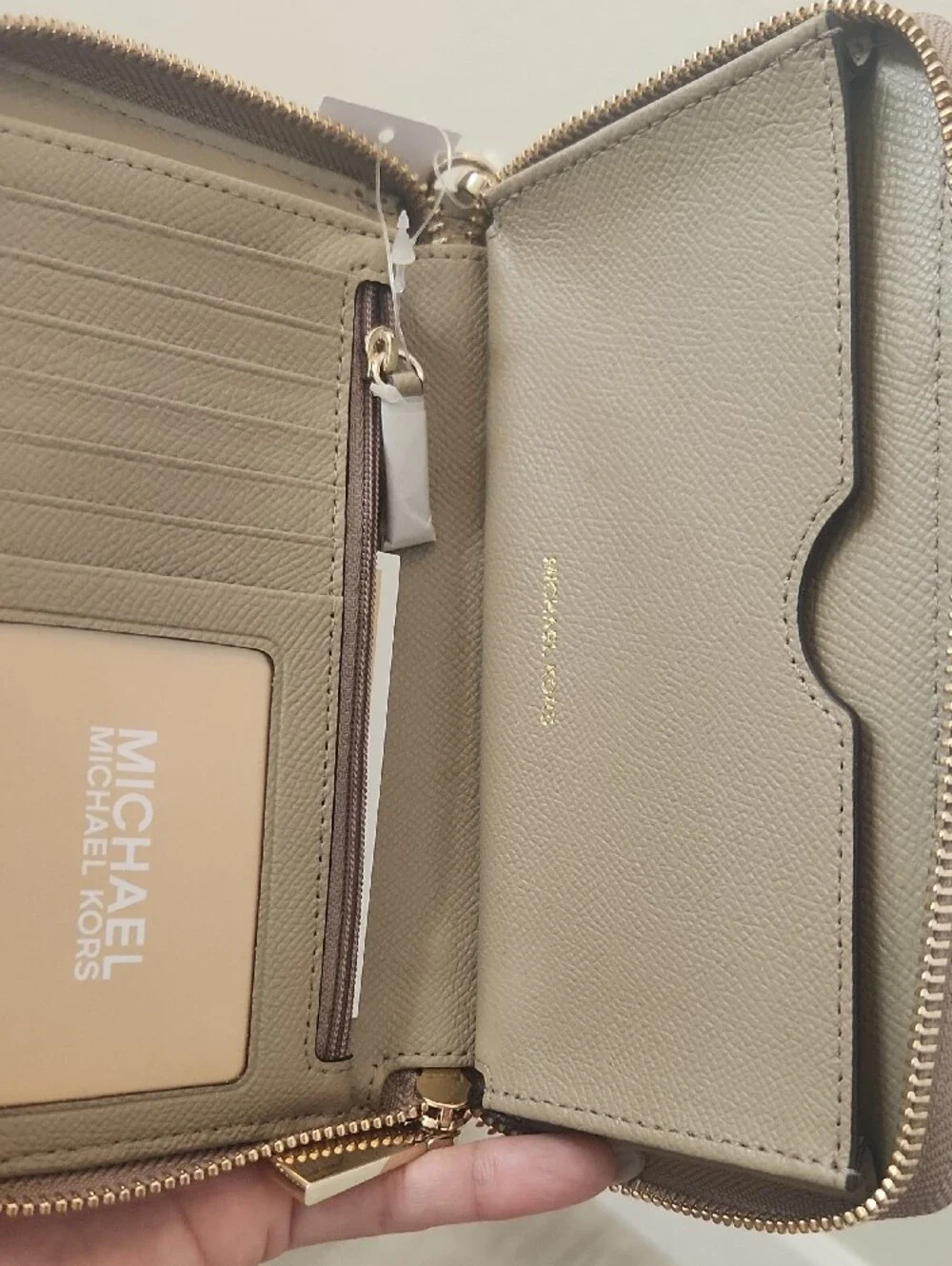 Michael Kors Beige Saffiano Zip Wallet with Gold Logo